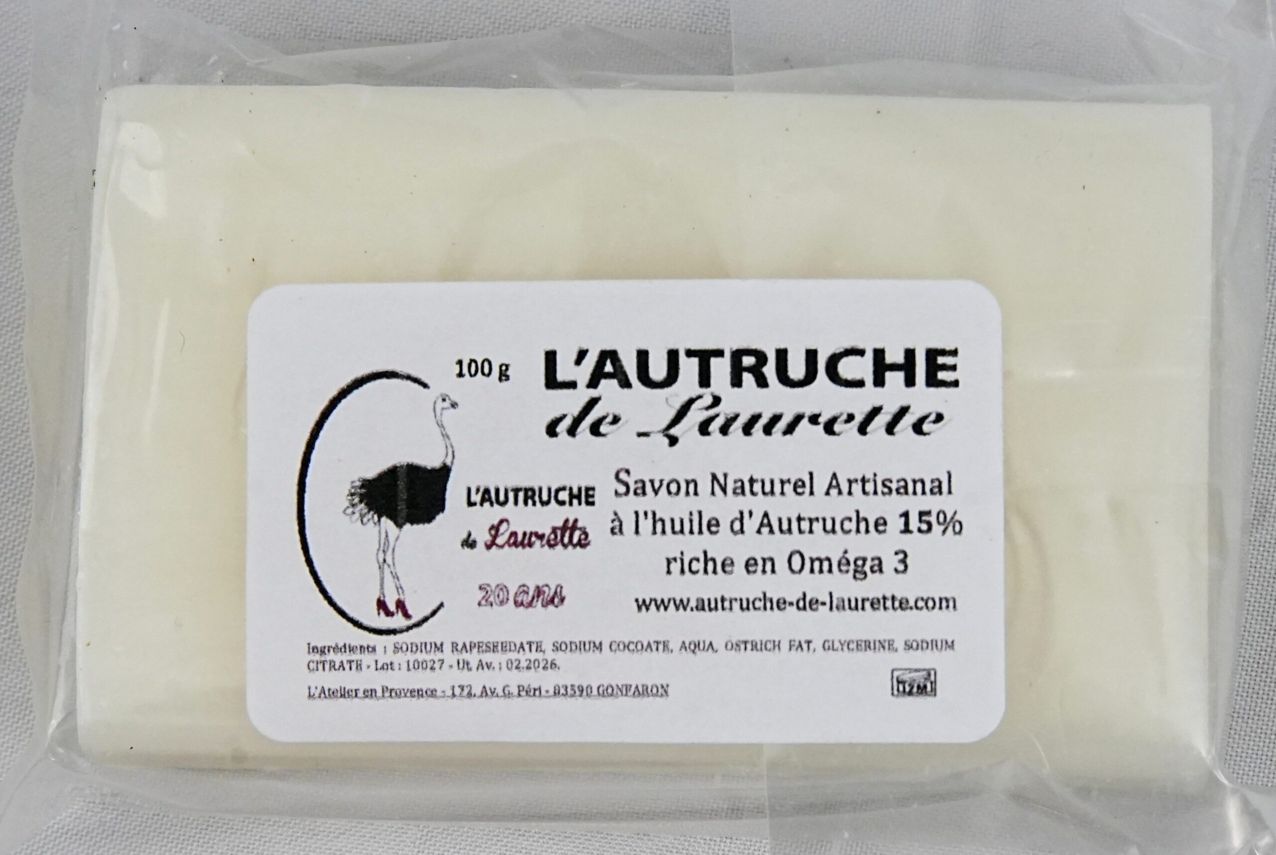 Savon naturel artisanal à l'huile d'autruche 15% (100g)