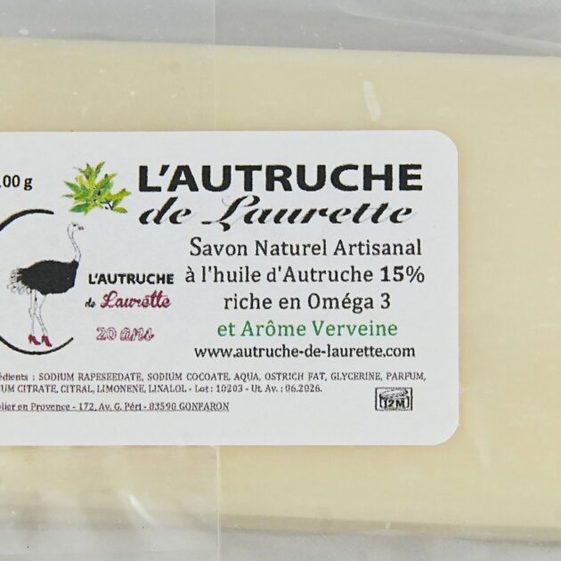 Savon naturel Artisanal à l'huile d'autruche et arôme verveine 15% (100g)