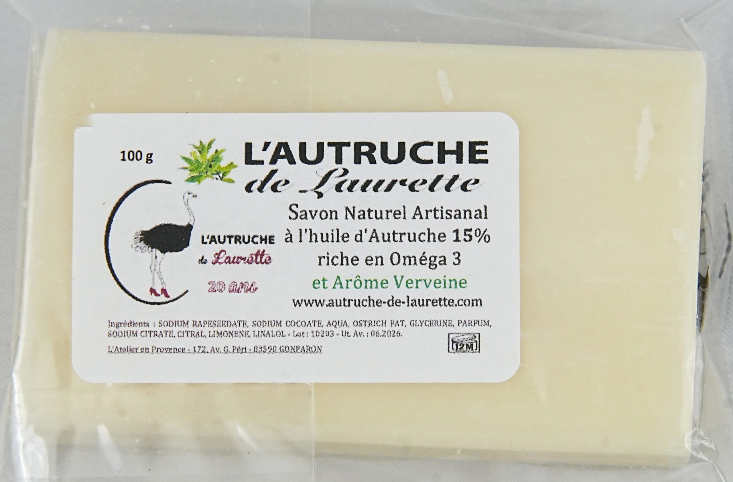 Savon naturel Artisanal à l'huile d'autruche et arôme verveine 15% (100g)
